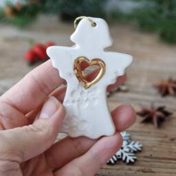 Angel Ornament, Handmade Ceramic Tree Decorations in White & Gold, Christmas Gift - thumbnail 2