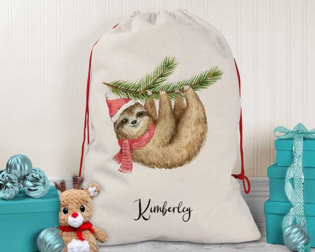 Personalised Large Christmas Sack Xmas Sloth Design Name Stocking Gift Rudolph Red Drawstring Decoration Sk070 - image 1