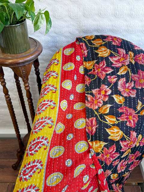 Vintage Handmade Kantha Stitch Sofa Throw - Beach Camper Van Quirky Colours Red Black Floral - image 1
