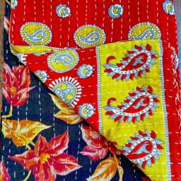 Vintage Handmade Kantha Stitch Sofa Throw - Beach Camper Van Quirky Colours Red Black Floral - thumbnail 2