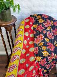 Vintage Handmade Kantha Stitch Sofa Throw - Beach Camper Van Quirky Colours Red Black Floral - thumbnail 1