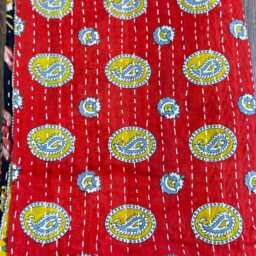 Vintage Handmade Kantha Stitch Sofa Throw - Beach Camper Van Quirky Colours Red Black Floral - thumbnail 3