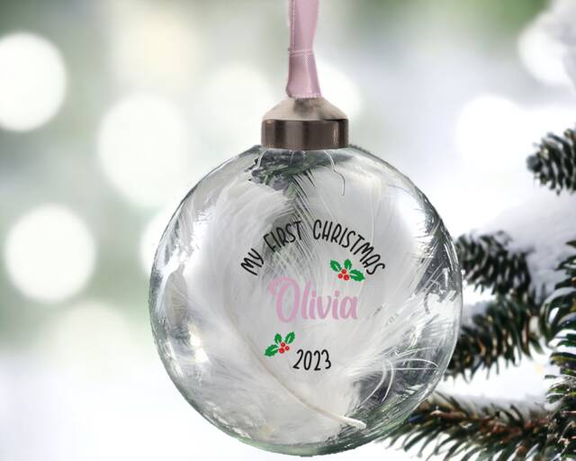 First Christmas Bauble, 1st Decoration, Babys My 8cm Glass Bauble Gift, Personalised Babies Ornament in 10 Colours - image 1