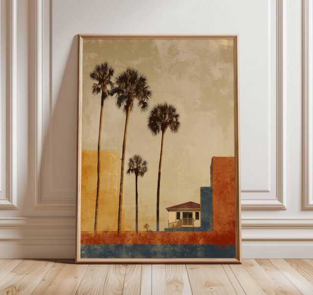 Palm Tree Poster - Retro Coastal Wall Art Print With Tropical House, Vintage Beach Decor, Mid Century Style Landscape Artwork