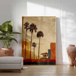 Palm Tree Poster - Retro Coastal Wall Art Print With Tropical House, Vintage Beach Decor, Mid Century Style Landscape Artwork - thumbnail 3