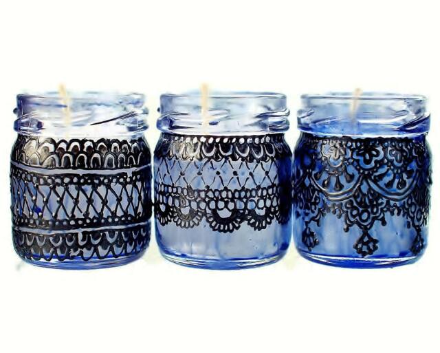 Moroccan Mini Jar Candle Set - Blue Glass, Black Lace Design - image 1