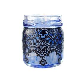 Moroccan Mini Jar Candle Set - Blue Glass, Black Lace Design - thumbnail 2