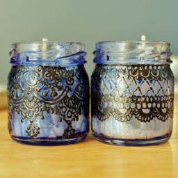 Moroccan Mini Jar Candle Set - Blue Glass, Black Lace Design - thumbnail 3