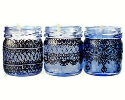 Moroccan Mini Jar Candle Set - Blue Glass, Black Lace Design - thumbnail 1