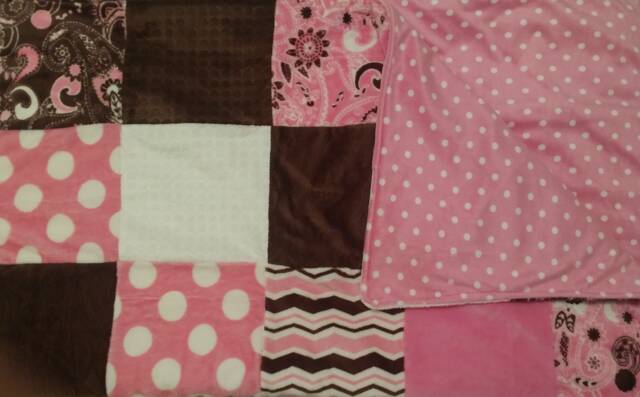 Quilted Minky Baby Blanket - Pink Brown White Cot - image 1