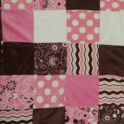 Quilted Minky Baby Blanket - Pink Brown White Cot - thumbnail 3
