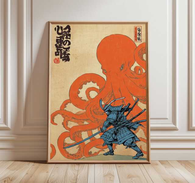 Samurai & Octopus Wall Art, Japanese Battle Poster, Ukiyo-E Inspired Print, Bold Blue Orange Decor, Warrior Illustration Artwork - image 1
