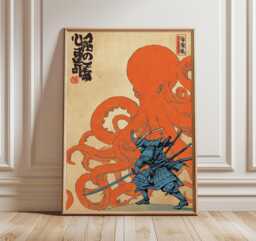 Samurai & Octopus Wall Art, Japanese Battle Poster, Ukiyo-E Inspired Print, Bold Blue Orange Decor, Warrior Illustration Artwork - thumbnail 1