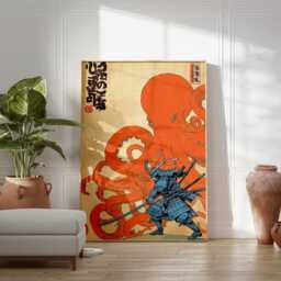 Samurai & Octopus Wall Art, Japanese Battle Poster, Ukiyo-E Inspired Print, Bold Blue Orange Decor, Warrior Illustration Artwork - thumbnail 3