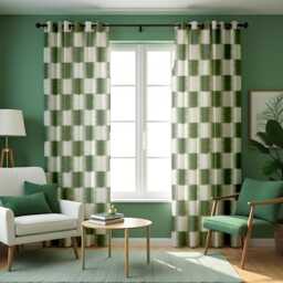 Modern Green Curtains With Geometric Blocks, Custom Size & Cream Tones Pattern Drapes For Living Room Or Bedroom Interiors
