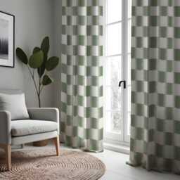 Modern Green Curtains With Geometric Blocks, Custom Size & Cream Tones Pattern Drapes For Living Room Or Bedroom Interiors - thumbnail 4