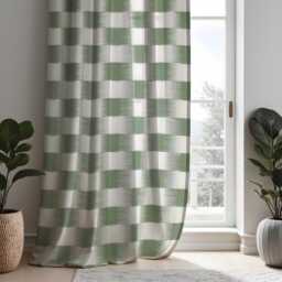 Modern Green Curtains With Geometric Blocks, Custom Size & Cream Tones Pattern Drapes For Living Room Or Bedroom Interiors - thumbnail 2