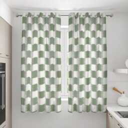 Modern Green Curtains With Geometric Blocks, Custom Size & Cream Tones Pattern Drapes For Living Room Or Bedroom Interiors - thumbnail 3