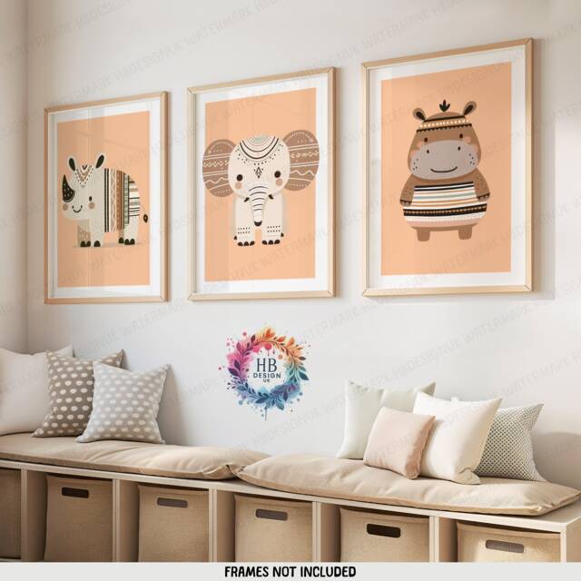 Boho Safari Nursery Prints - Set Of 3 Posters - Kids Playroom Wall Print Cute Animal Designs Orange Coloured Decor Baby Bedroom - image 1