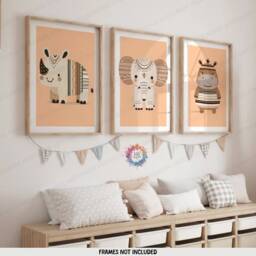 Boho Safari Nursery Prints - Set Of 3 Posters - Kids Playroom Wall Print Cute Animal Designs Orange Coloured Decor Baby Bedroom - thumbnail 2