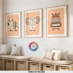 Boho Safari Nursery Prints - Set Of 3 Posters - Kids Playroom Wall Print Cute Animal Designs Orange Coloured Decor Baby Bedroom - thumbnail 1