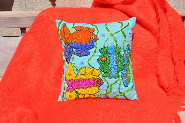 Hand Embroidery, Embroidered Pillow, Collector Gift, Collectible Xmas Gift Green Linen Cushion, Embroidery Cushion - image 1