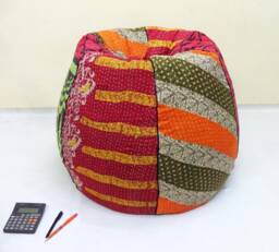 Handmade Kantha Quilt Bean Bag Chair Floral Embroidered Cotton Pouf - thumbnail 1