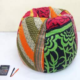 Handmade Kantha Quilt Bean Bag Chair Floral Embroidered Cotton Pouf - thumbnail 3