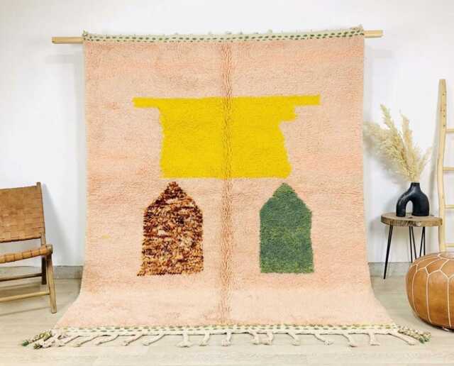 Peach Abstract Moroccan Rug, Yellow Shape Berber Shag Carpet, Handmade Wool Large Area Dopamine Decor Floor Art - image 1