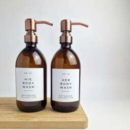 Personalised Refillable Bathroom Dispenser Amber Glass/Plastic Bottle With Metal Pump