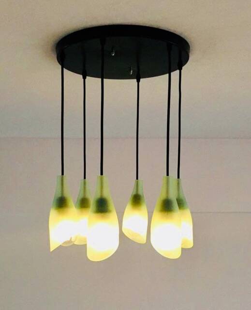 Frosted White Bottle Light Chandelier Fixture - Industrial Decor Repurposed Glass - image 1
