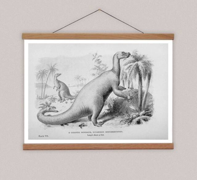 Vintage Iguanodon Dinosaur Print, Canvas Wall Hanging, Magnetic Wood Hanger - image 1