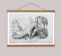 Vintage Iguanodon Dinosaur Print, Canvas Wall Hanging, Magnetic Wood Hanger - thumbnail 1