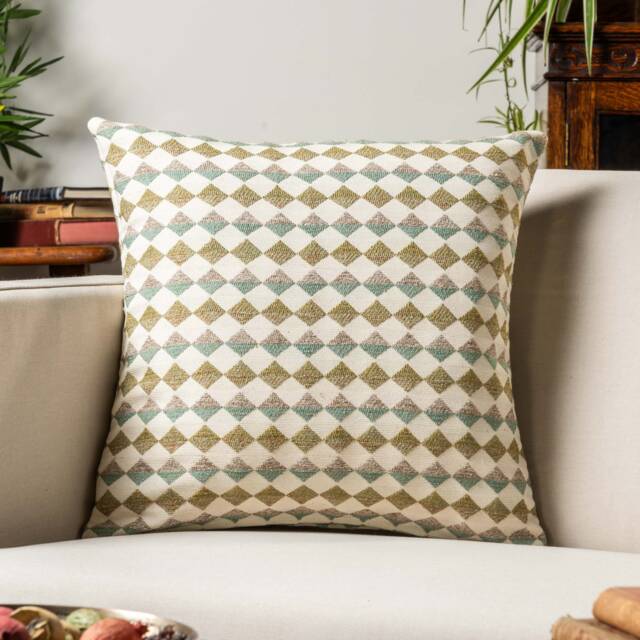 Argyle Boucle Cushion Cover in Sage Green & Duck Egg Blue. Modernn Geometric Diamond Pattern. Cosy & Tactile Design. 17x17 - image 1
