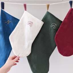 Hand Embroidered, Mini/Pet/Baby Size, Personalized Linen Initial Christmas Stocking - thumbnail 2