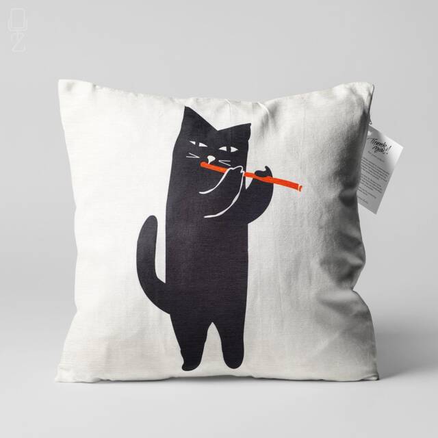 Black Cat Musician Velvet Cushion, Flute Art Pillow - image 1