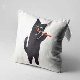 Black Cat Musician Velvet Cushion, Flute Art Pillow - thumbnail 3