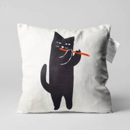 Black Cat Musician Velvet Cushion, Flute Art Pillow - thumbnail 1