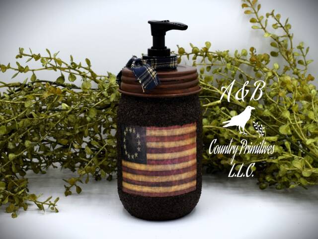 Grubby Americana Hand Soap Dispenser, Mason Jar Pump & Betsy Ross American Flag, Country Primitive Bathroom Dispenser - image 1