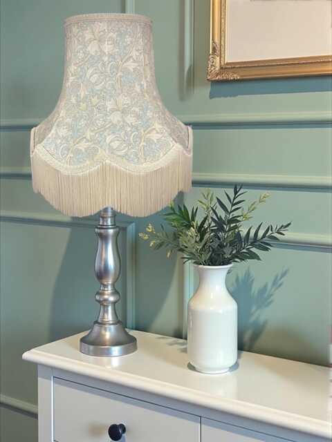 William Morris Blue Golden Lily Pool Fabric Lampshade With Cream Fringe - image 1