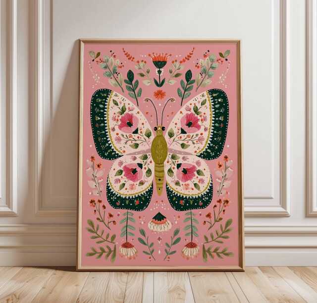 Vibrant Butterfly Art Print, Boho Botanical Poster, Cottagecore Wall Art, Pink & Green Gallery Wall, Modern Folk Nature Lover Gift - image 1