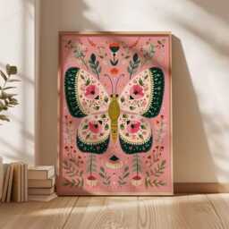 Vibrant Butterfly Art Print, Boho Botanical Poster, Cottagecore Wall Art, Pink & Green Gallery Wall, Modern Folk Nature Lover Gift - thumbnail 3