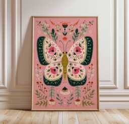 Vibrant Butterfly Art Print, Boho Botanical Poster, Cottagecore Wall Art, Pink & Green Gallery Wall, Modern Folk Nature Lover Gift - thumbnail 1