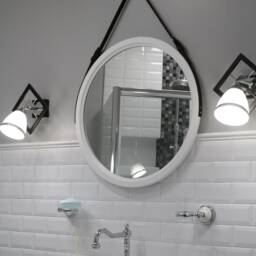White Round Wall Mirror With Wooden Frame, Decorative Bathroom Mirror, Leather Strap Modern Hanging Beauty Salon - thumbnail 2