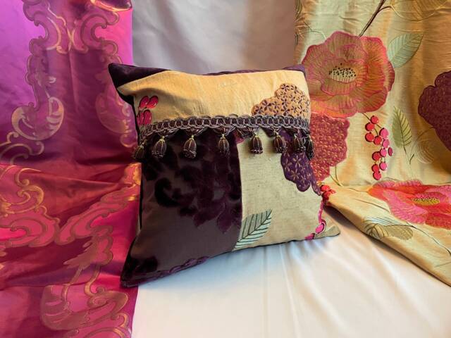 Bohemian Velvet Pillow Cover Orange Purple Appliqued Silk, Tassel Trim - image 1