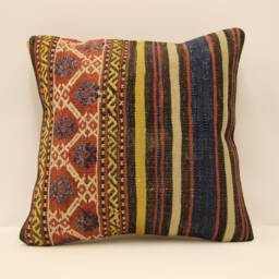 Throw Pillow 16x16 Antique Turkish Kilim Cover Home Living Design Boho Vintage Rustic Throw Covers Old Cushion 4Kf-405 - thumbnail 1