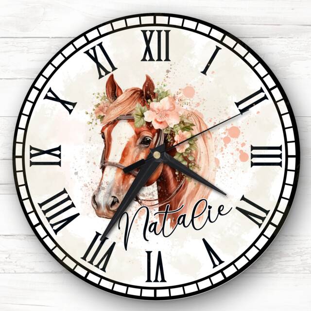 Floral Brown Horse Girls Room Custom Gift Personalised Clock - image 1