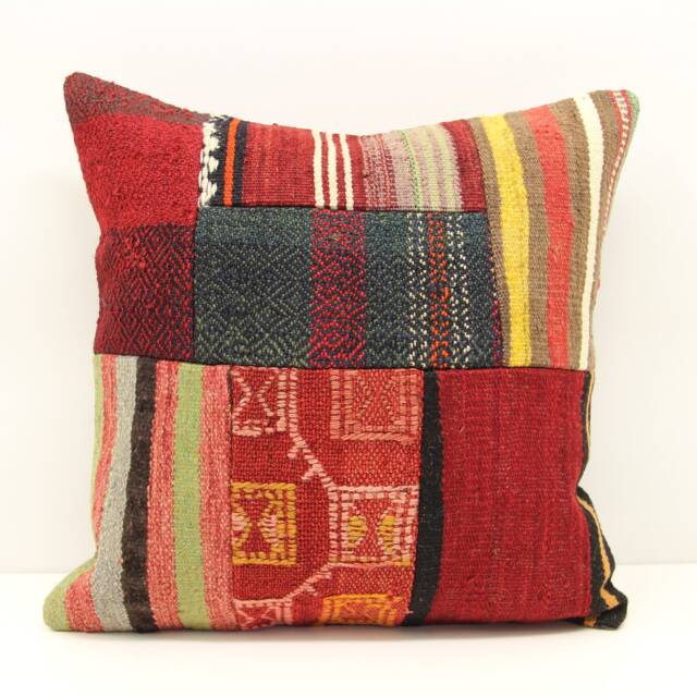 Handmade Patchwork Kilim Pillow Cover, Turkish Woven Accent - 18x18 Inch - image 1