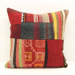 Handmade Patchwork Kilim Pillow Cover, Turkish Woven Accent - 18x18 Inch - thumbnail 1