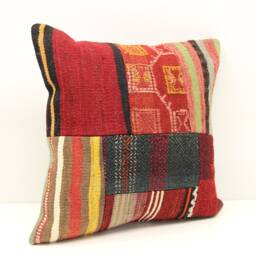 Handmade Patchwork Kilim Pillow Cover, Turkish Woven Accent - 18x18 Inch - thumbnail 2